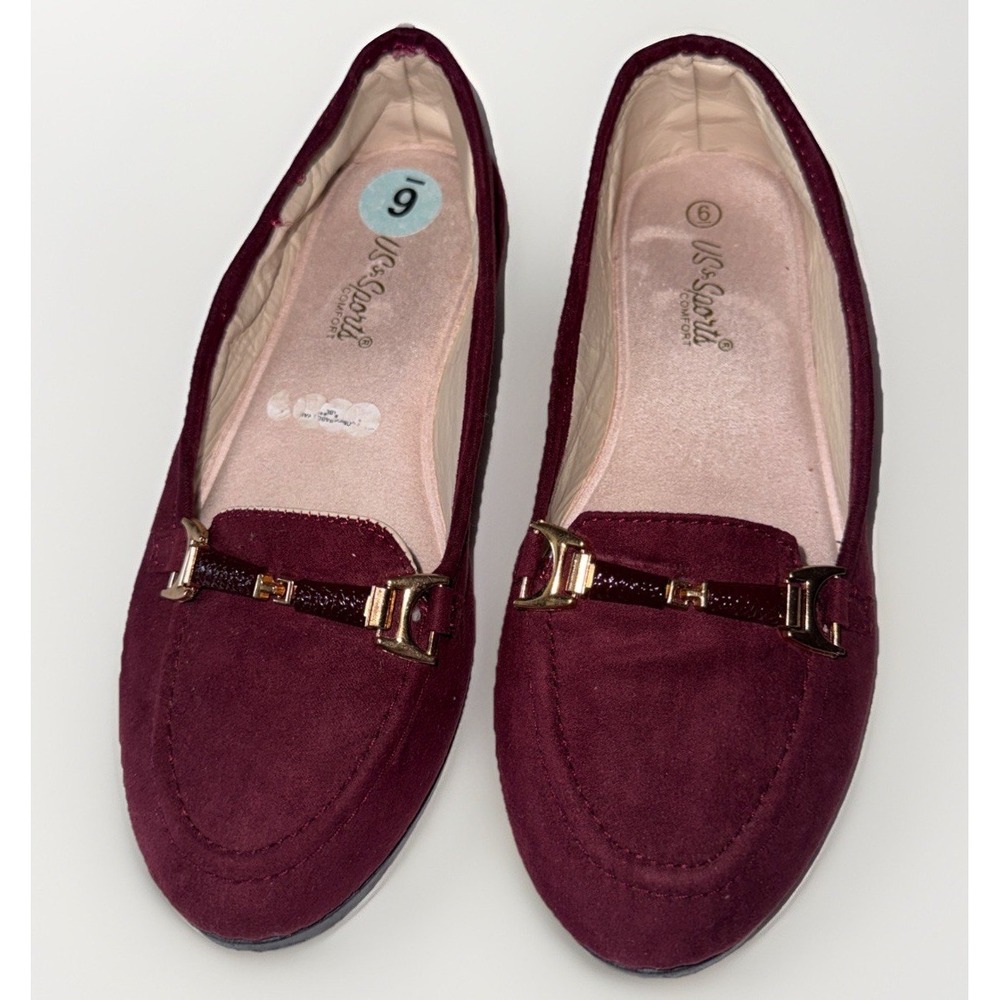 US Sports Comfort Maroon Burgundy Suede Gold Hardware Slip On Loafers Flats 6